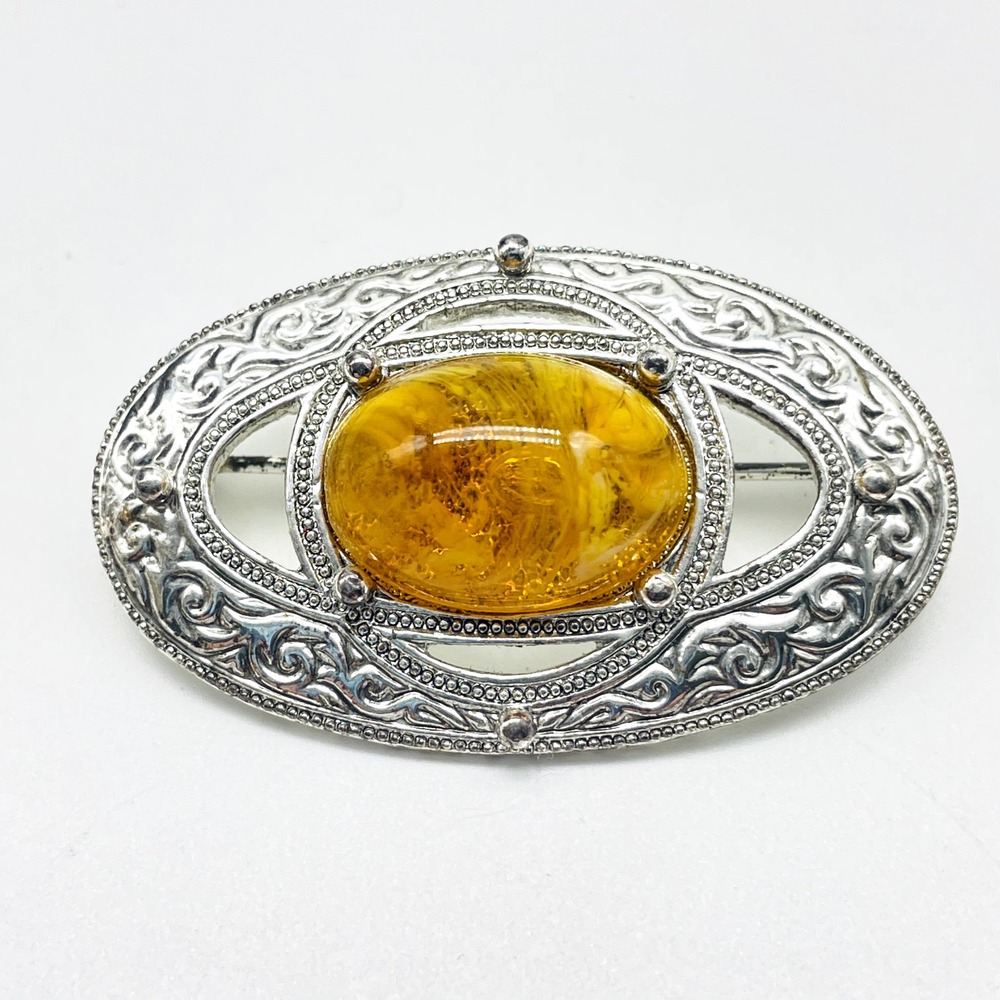 Vintage Silver Tone Oval Brooch Cognac Cabochon Ornate Filigree Statement Pin